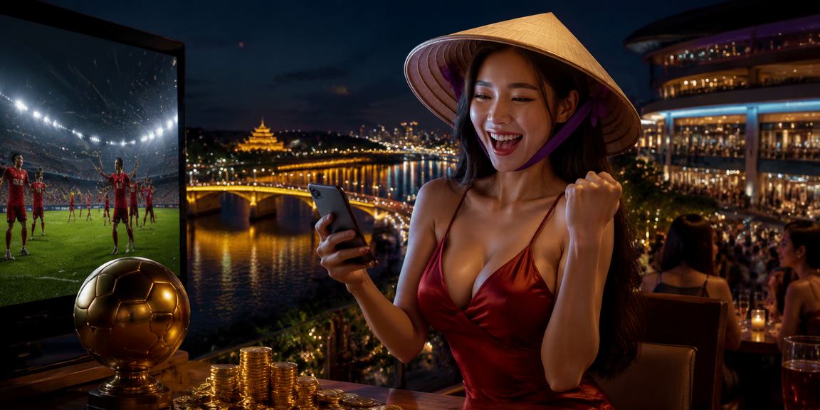 Người dùng ở Huế xem kèo bóng đá trên điện thoại với nón lá truyền thống